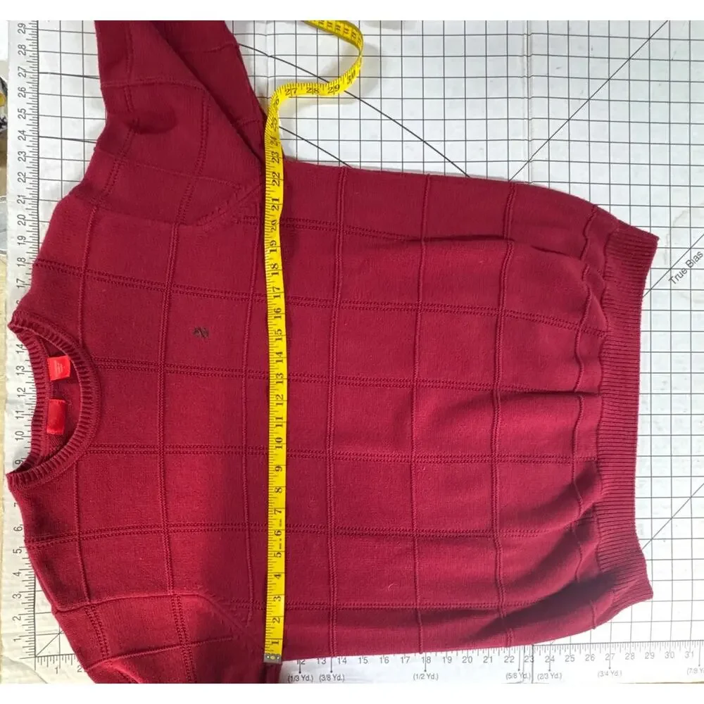 Izod Vintage Red Textured Windowpane Check Pattern Cotton Crewneck Sweater Men L